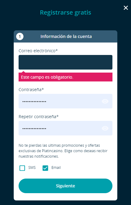 Paso de registro en Platincasino