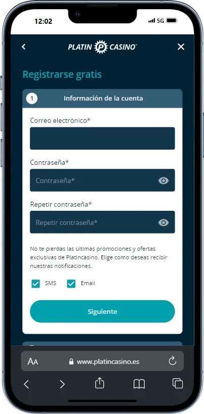 Registro en la App Platincasino